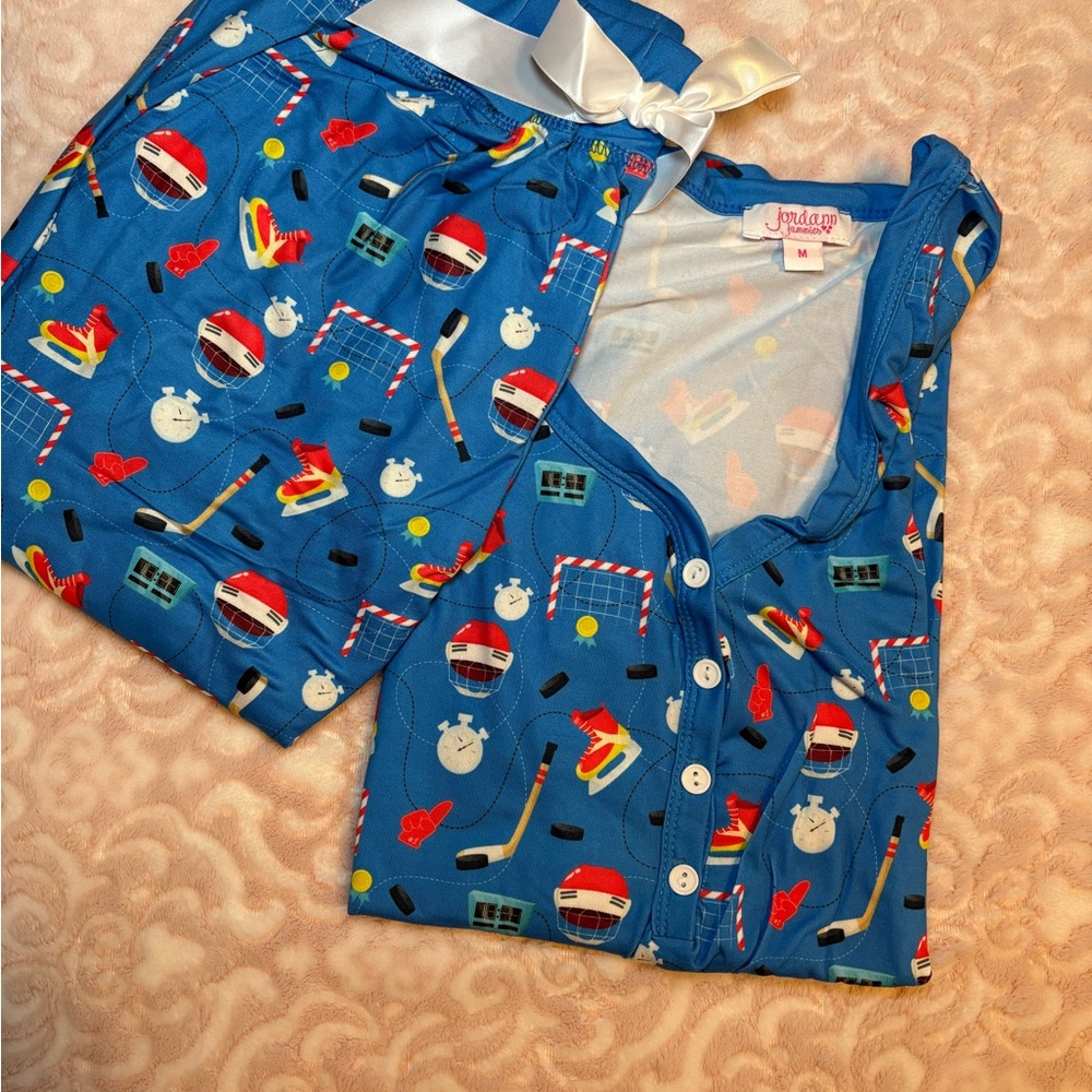 Blue Hockey Print Women's Pajama Set Joggers New Medium